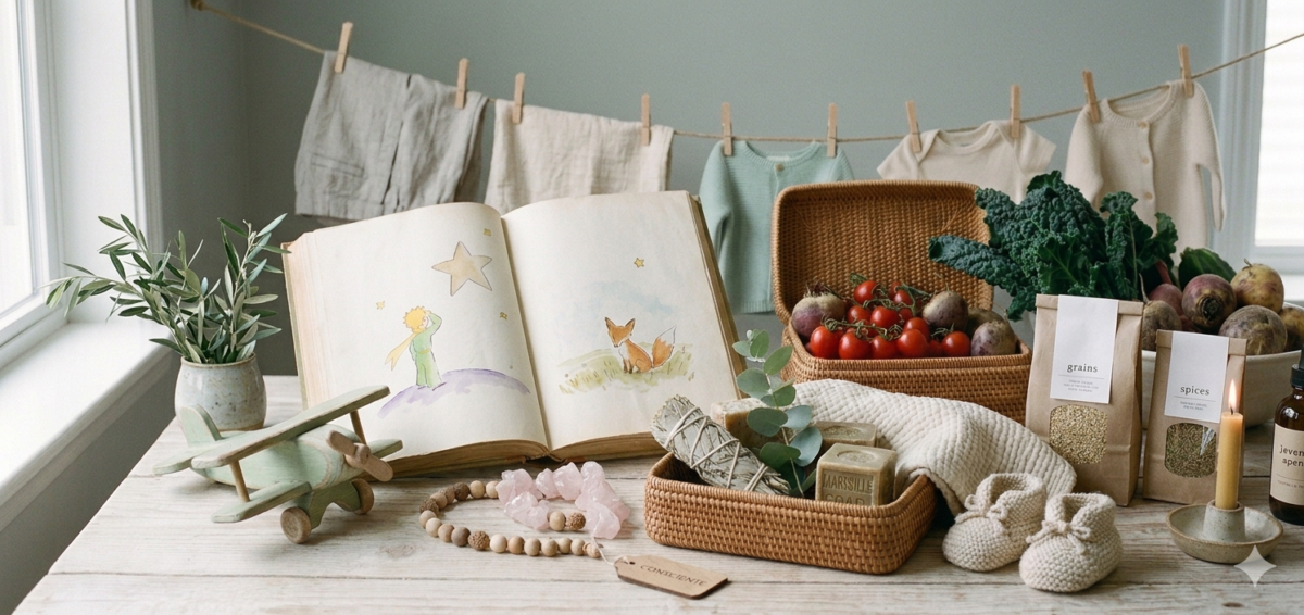 Composição rústica com livro aberto, alimentos orgânicos e elementos de autocuidado da Serena Escolha.